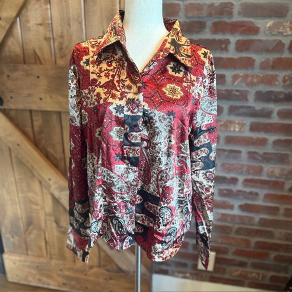 Giorgio Fiorlini Paisley Button Front Long Sleeve Satin Blouse Burgundy Red